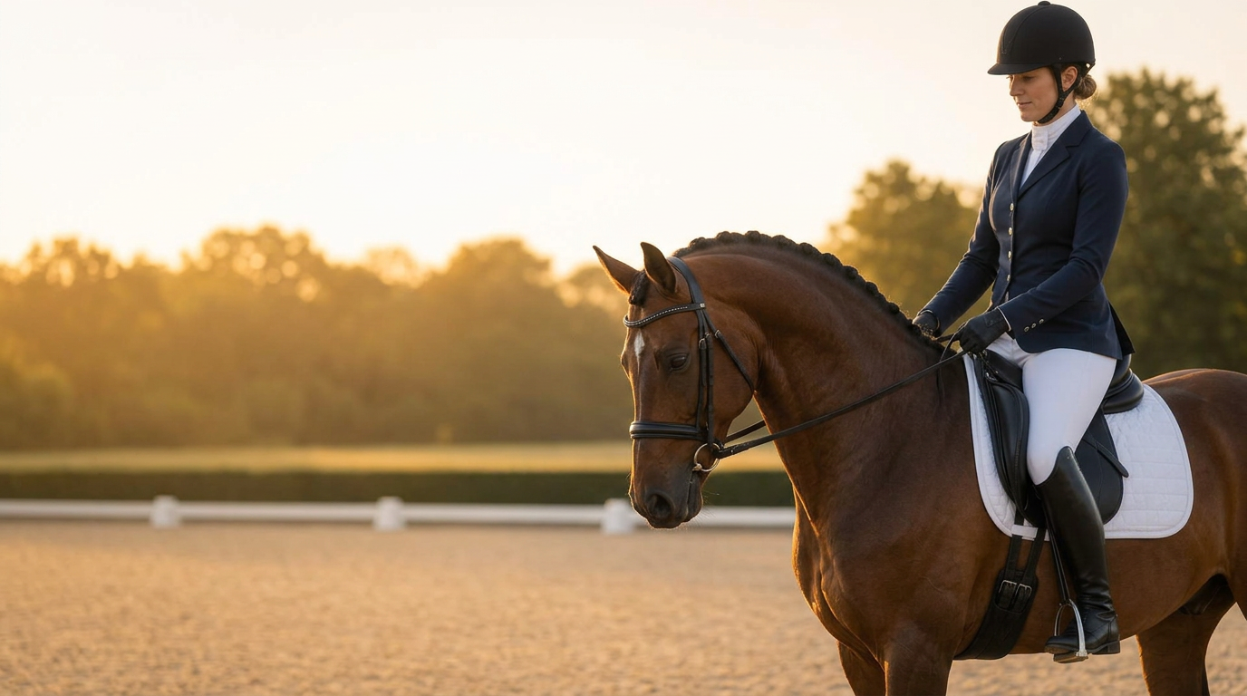 Classical dressage rider and bay horse in golden morning light